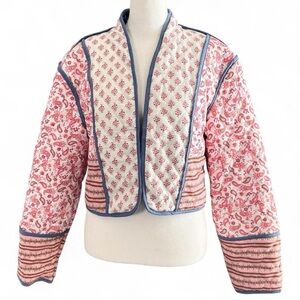 Reversible Quilted Patchwork Cropped Jacket Pink & Blue Floral Boho S/M